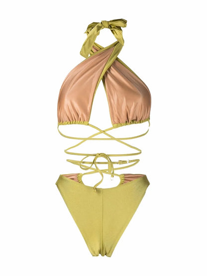 Lattice-Strap Halterneck Swimsuit