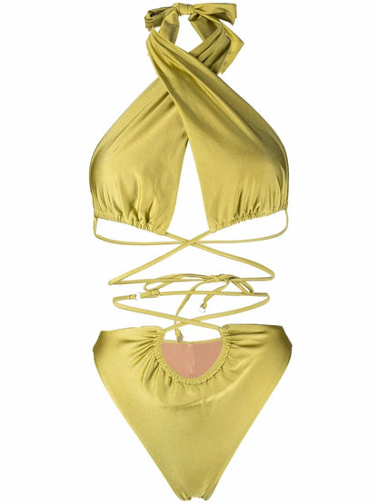 Lattice-Strap Halterneck Swimsuit