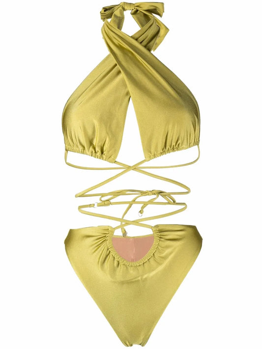 Lattice-Strap Halterneck Swimsuit
