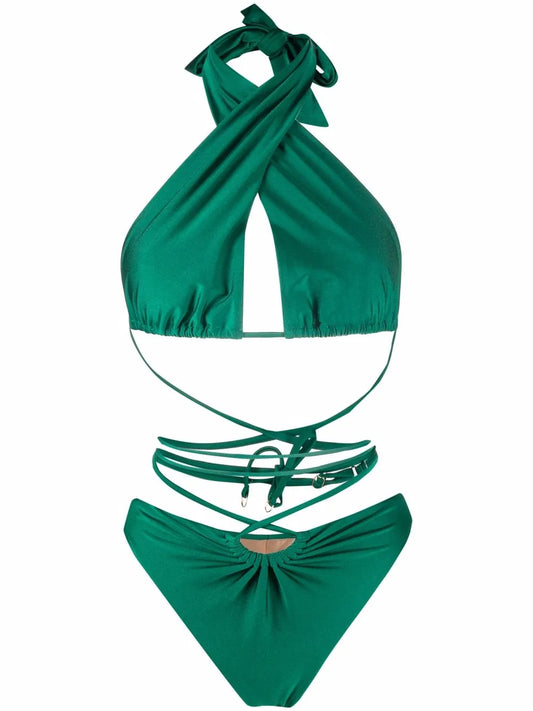 Lattice-Strap Halterneck Swimsuit