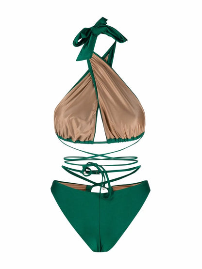 Lattice-Strap Halterneck Swimsuit