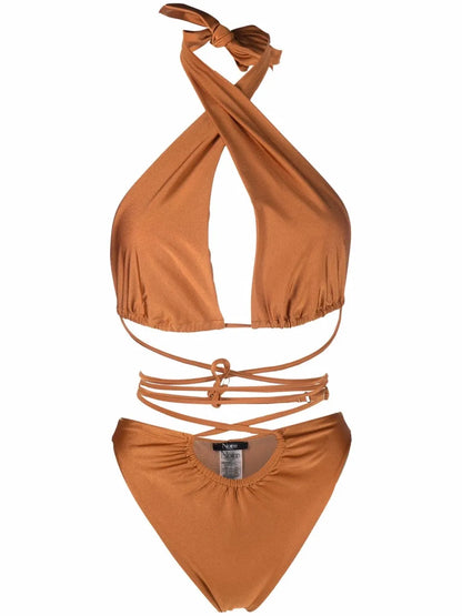 Lattice-Strap Halterneck Swimsuit