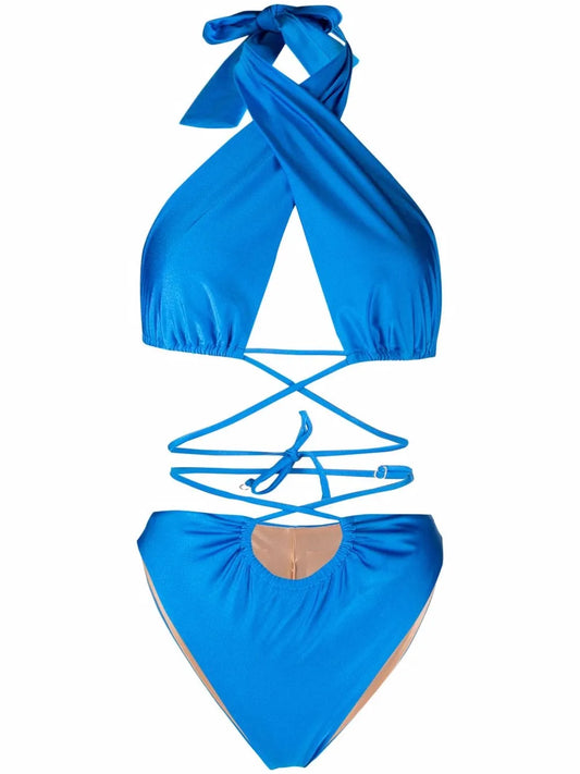 Lattice-Strap Halterneck Swimsuit