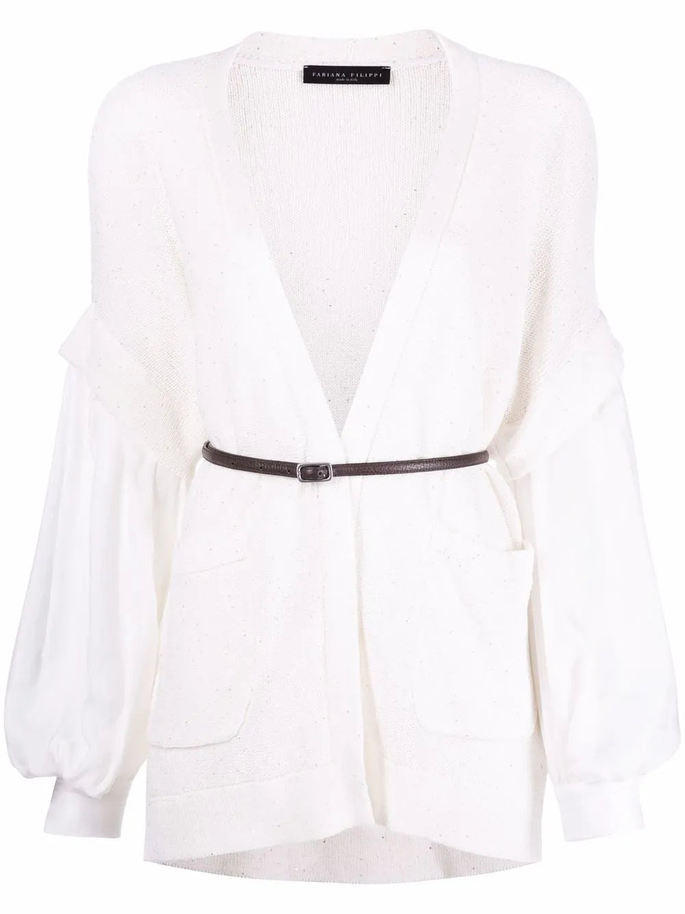Sequin-Knit Puff-Sleeve Cardigan