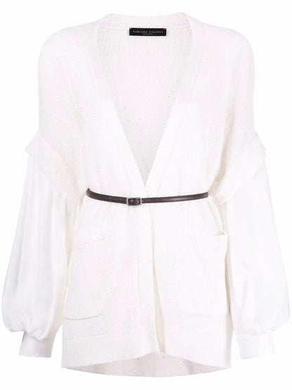 Sequin-Knit Puff-Sleeve Cardigan