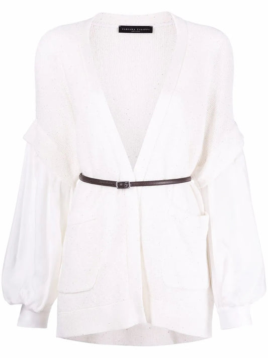 Sequin-Knit Puff-Sleeve Cardigan