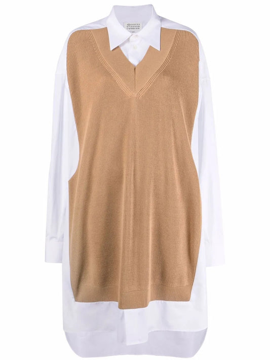 Spliced Knit-Detail Shirtdress