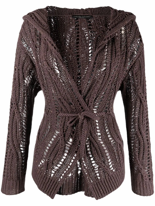 Sequin Cable-Knit Hooded Cardigan