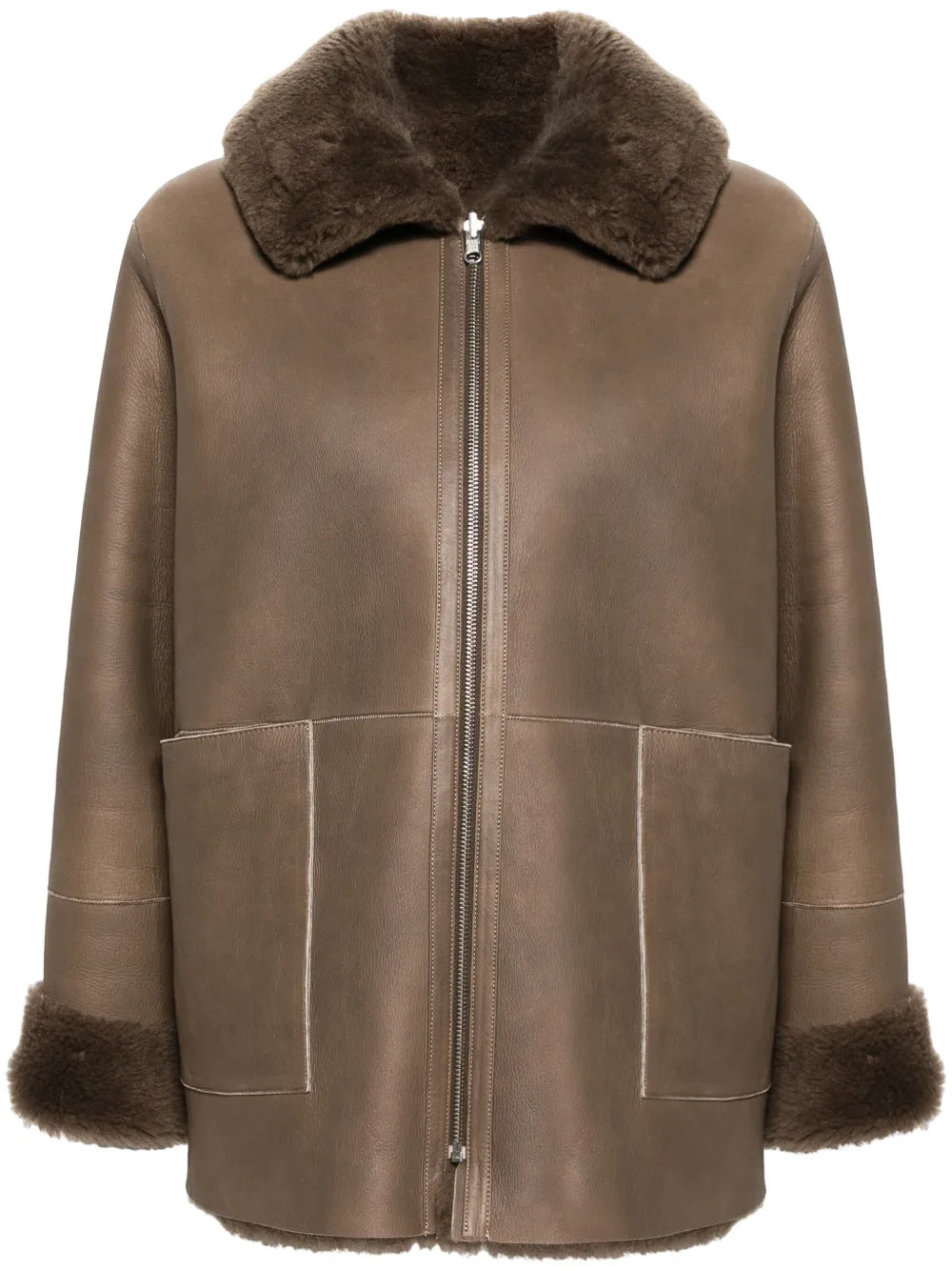 Spread-Collar Leather Coat