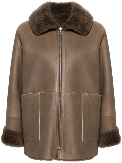 Spread-Collar Leather Coat