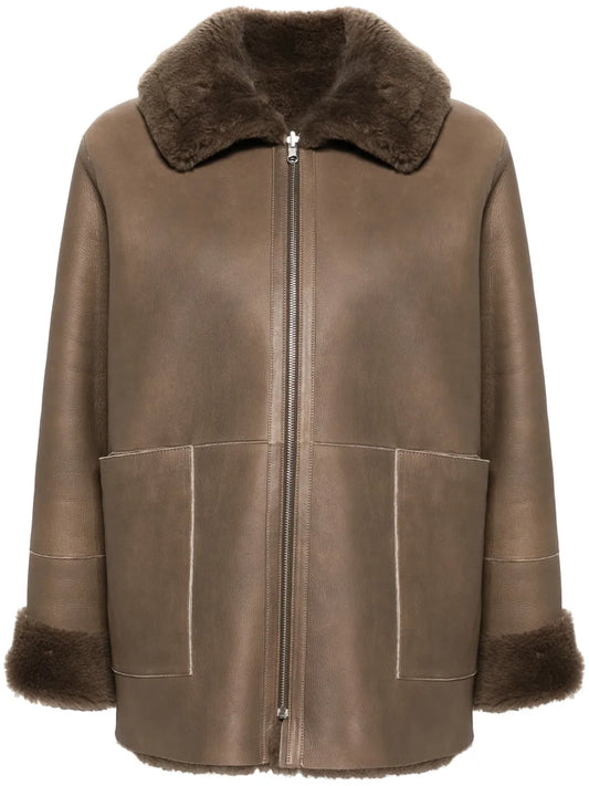 Spread-Collar Leather Coat