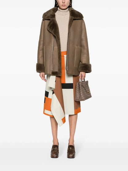 Spread-Collar Leather Coat