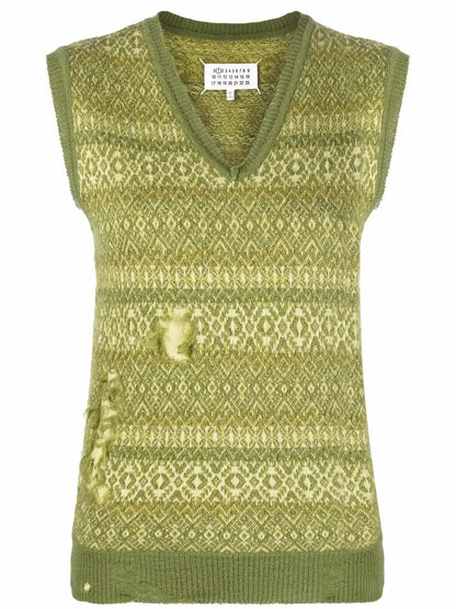 Fair Isle Distressed-Effect Knitted Vest