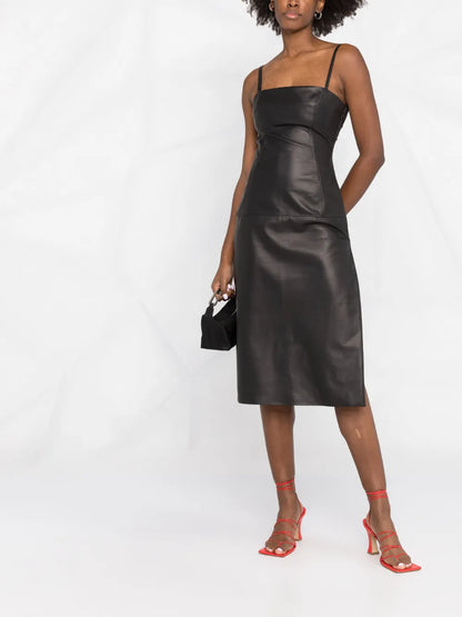 Strap-Detail Leather Midi Dress