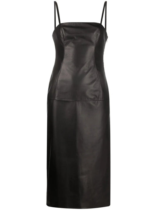 Strap-Detail Leather Midi Dress