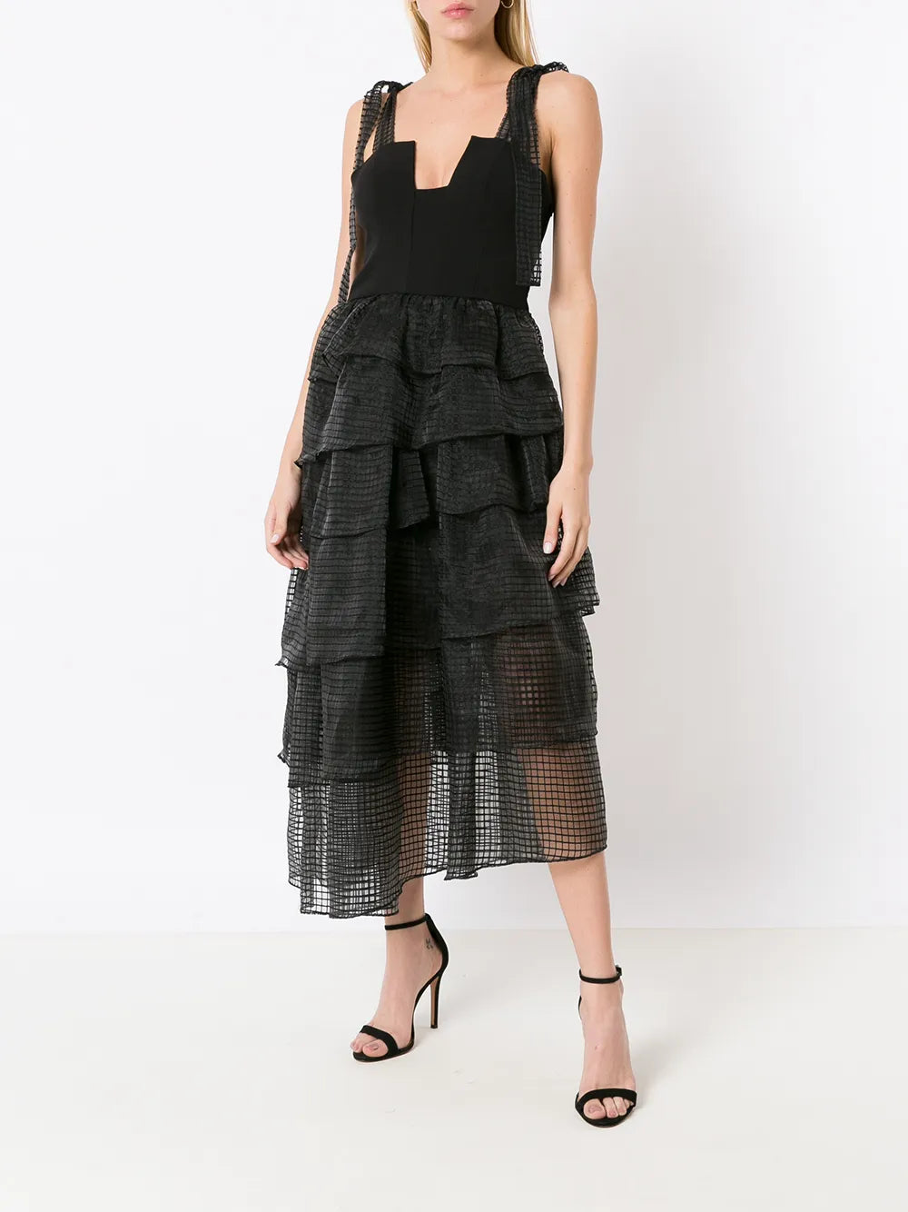 Mesh-Tiered Bodice Midi Dress