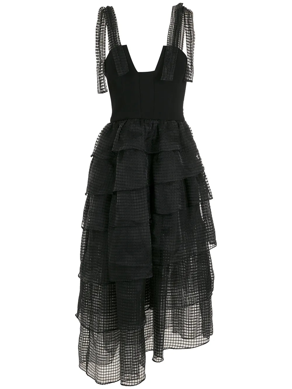 Mesh-Tiered Bodice Midi Dress