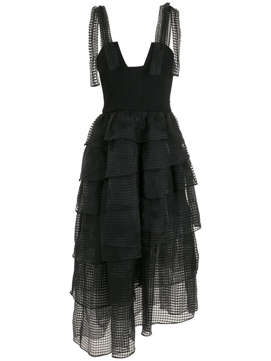 Mesh-Tiered Bodice Midi Dress