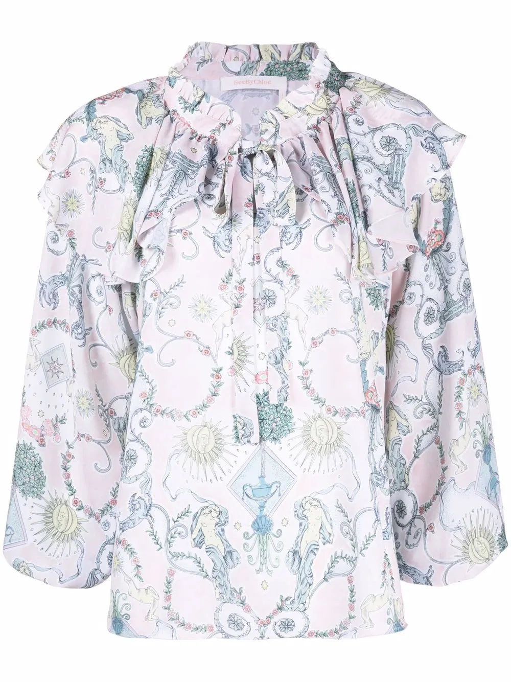 Baroque-Print Ruffled Blouse