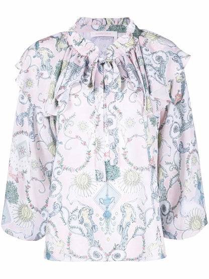 Baroque-Print Ruffled Blouse