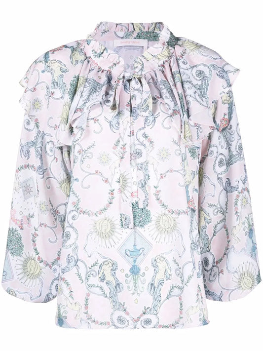 Baroque-Print Ruffled Blouse
