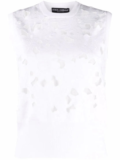 Floral-Embroidery Open-Work Tank Top