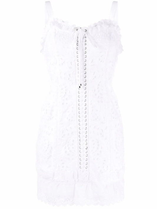 Lace-Up Floral Lace Mini Dress