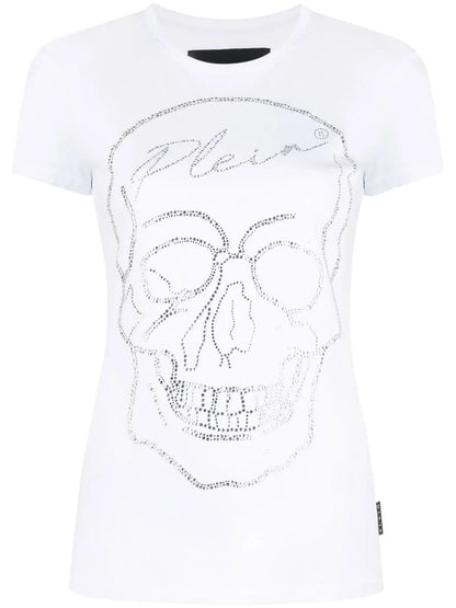 Skull Motif Rhinestone-Embellished T-Shirt