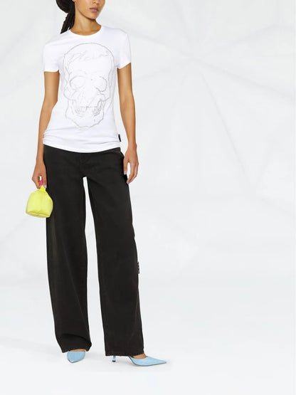 Skull Motif Rhinestone-Embellished T-Shirt