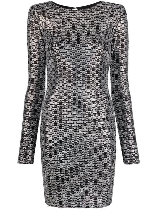 Crystal-Embellished Long-Sleeve Mini Dress