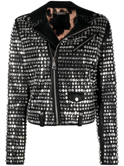 Crystal-Embellished Leather Jacket