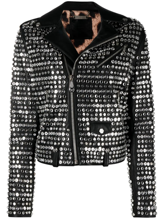Crystal-Embellished Leather Jacket