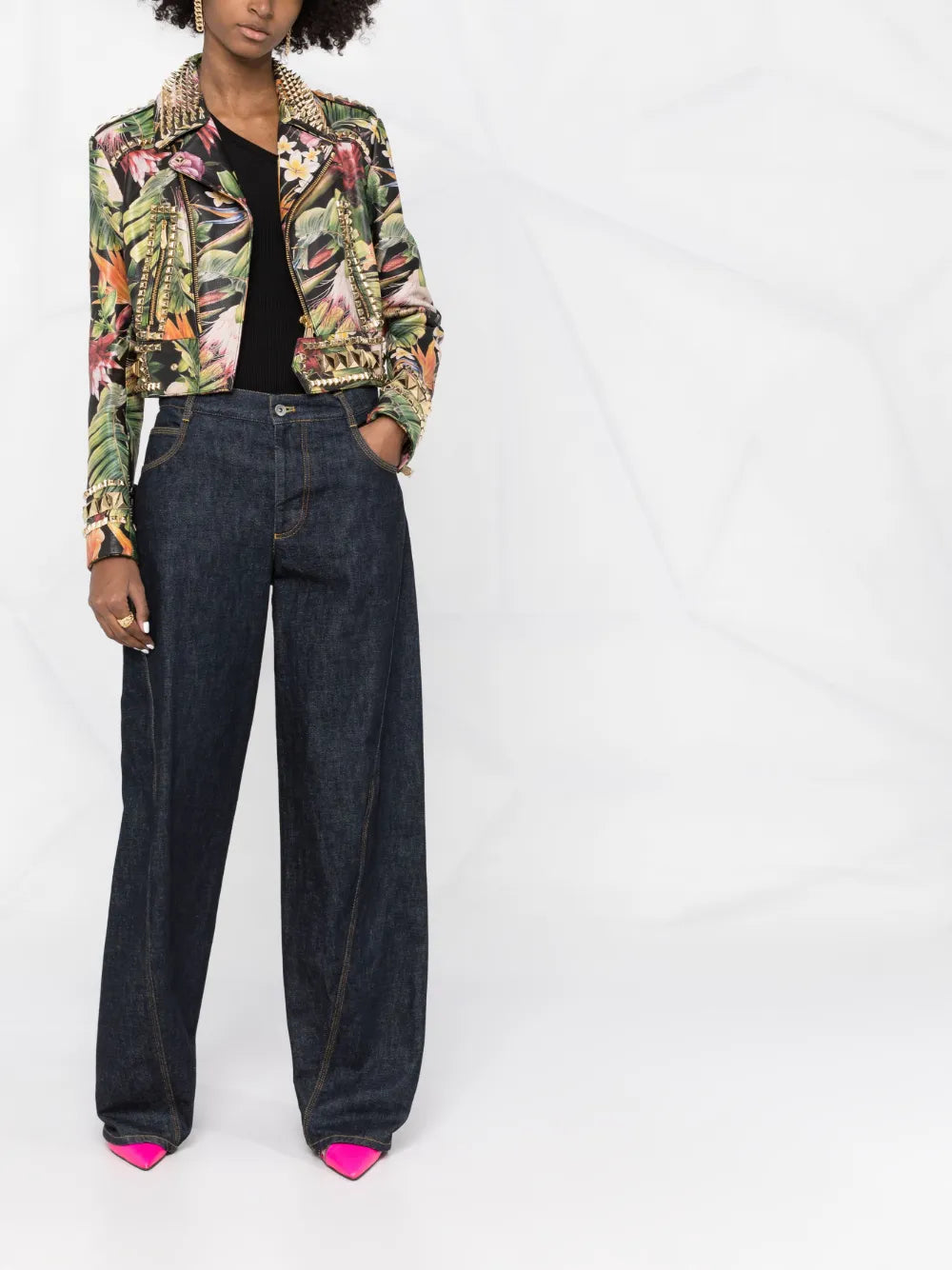 Floral-Print Studded Biker Jacket