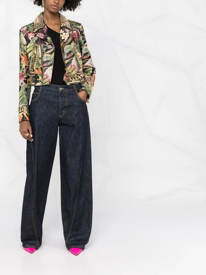 Floral-Print Studded Biker Jacket