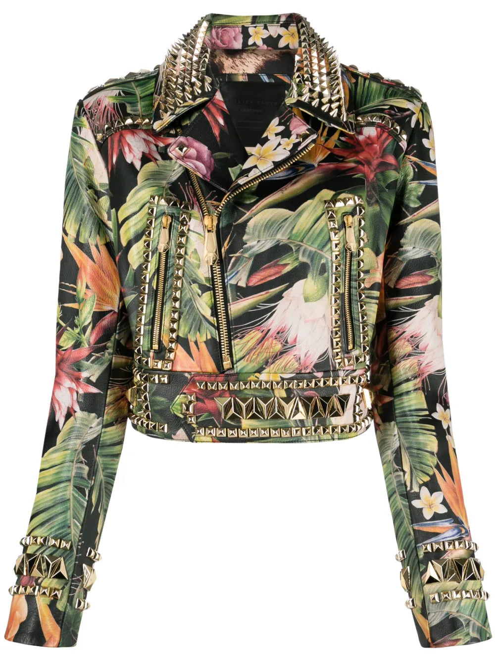 Floral-Print Studded Biker Jacket