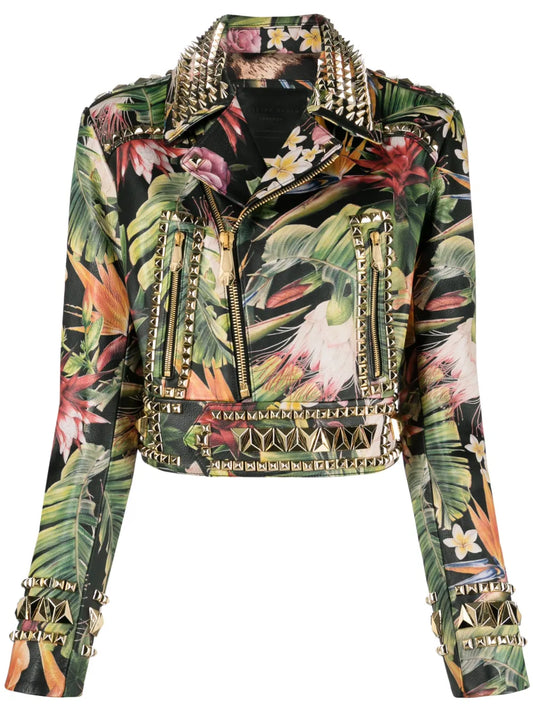 Floral-Print Studded Biker Jacket