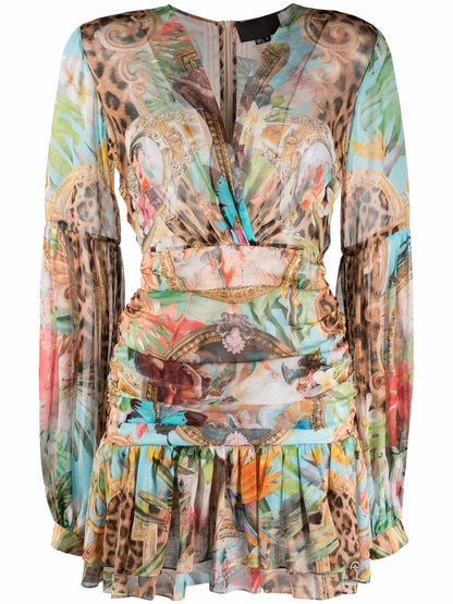 Baroque Flowers-Print Georgette Mini Dress