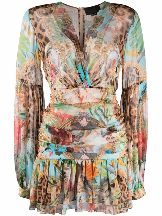 Baroque Flowers-Print Georgette Mini Dress