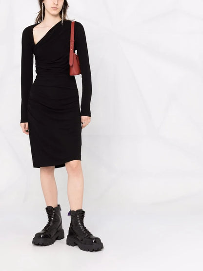 Asymmetric-Neck Ruched Dress