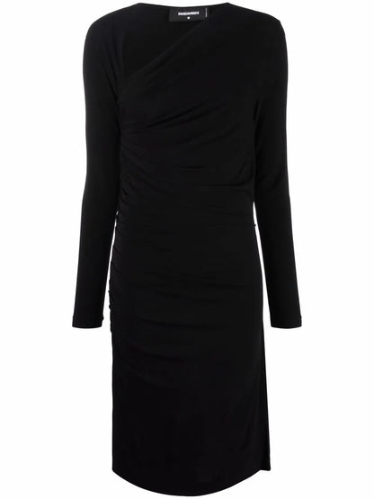 Asymmetric-Neck Ruched Dress
