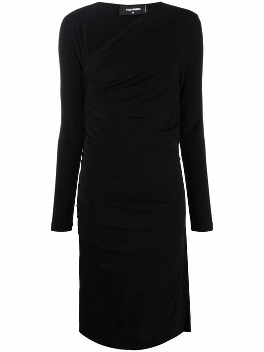 Asymmetric-Neck Ruched Dress