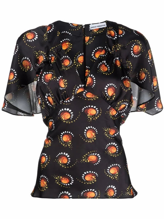 Motif-Print V-Neck Top