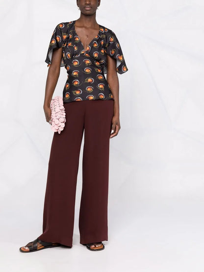 Motif-Print V-Neck Top