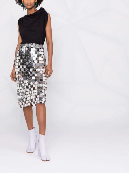 Mirror-Effect Sequin Midi Skirt
