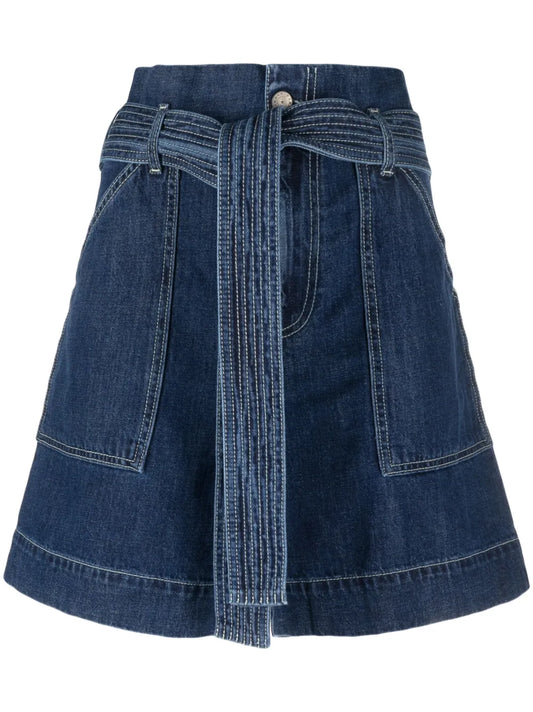 Tied-Belt Paperbag-Waist Denim Shorts