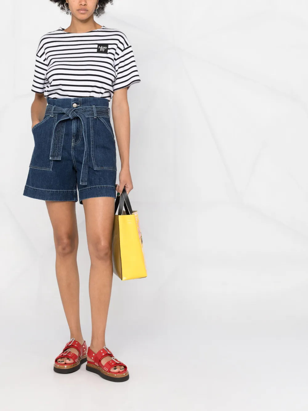 Tied-Belt Paperbag-Waist Denim Shorts