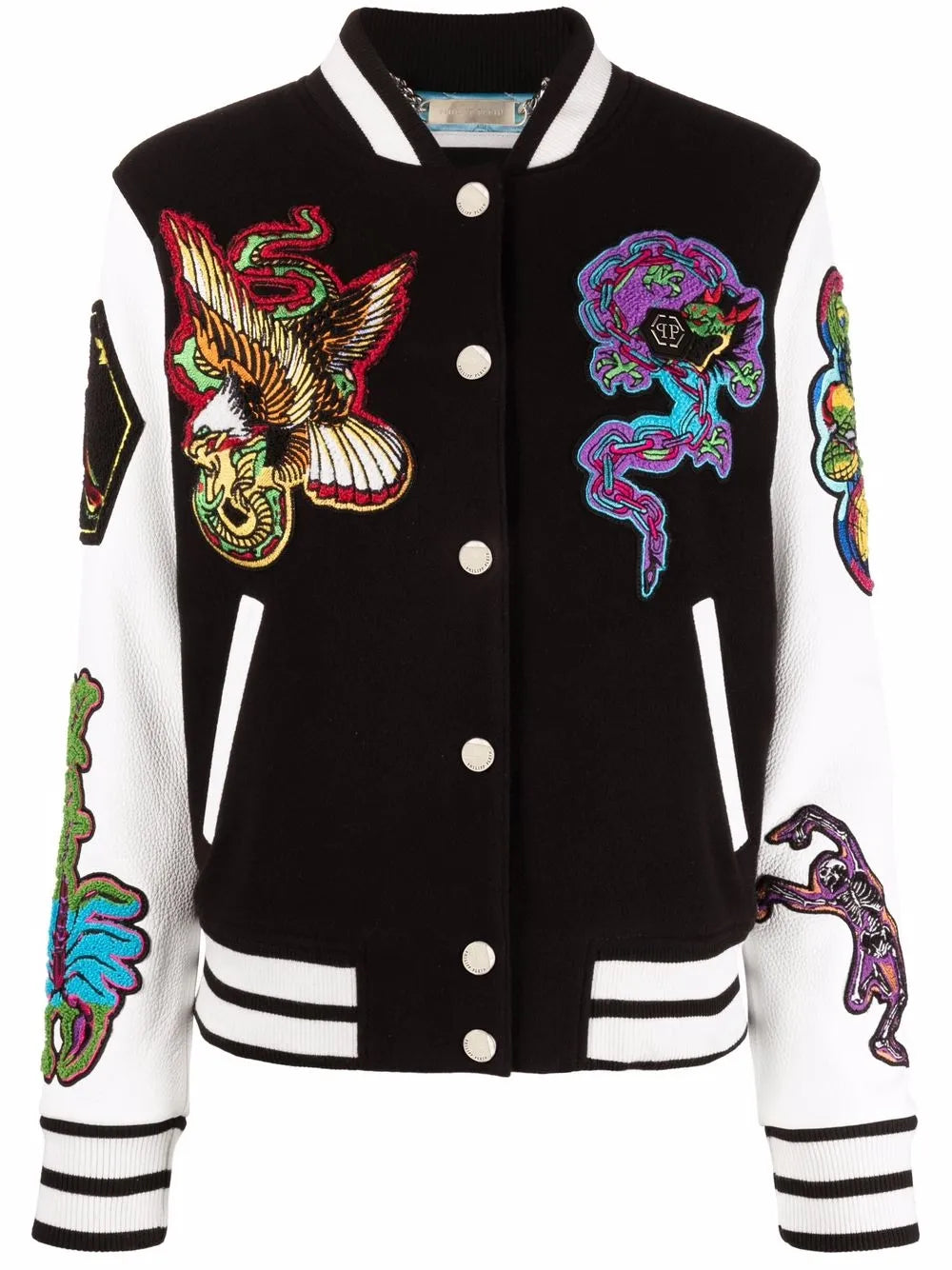 Embroidered-Patches Colour-Block Varsity Jacket