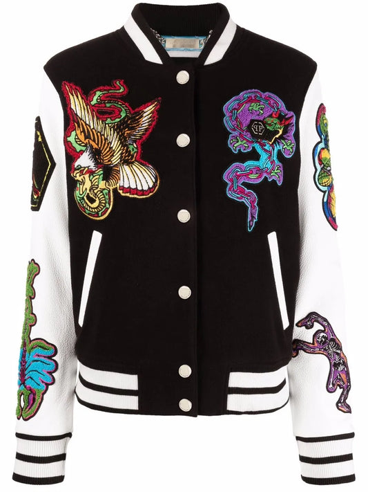 Embroidered-Patches Colour-Block Varsity Jacket