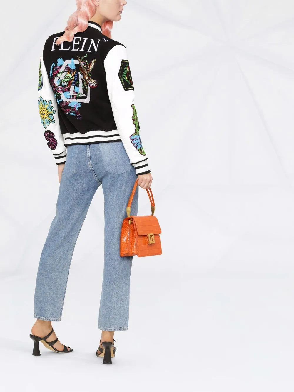 Embroidered-Patches Colour-Block Varsity Jacket