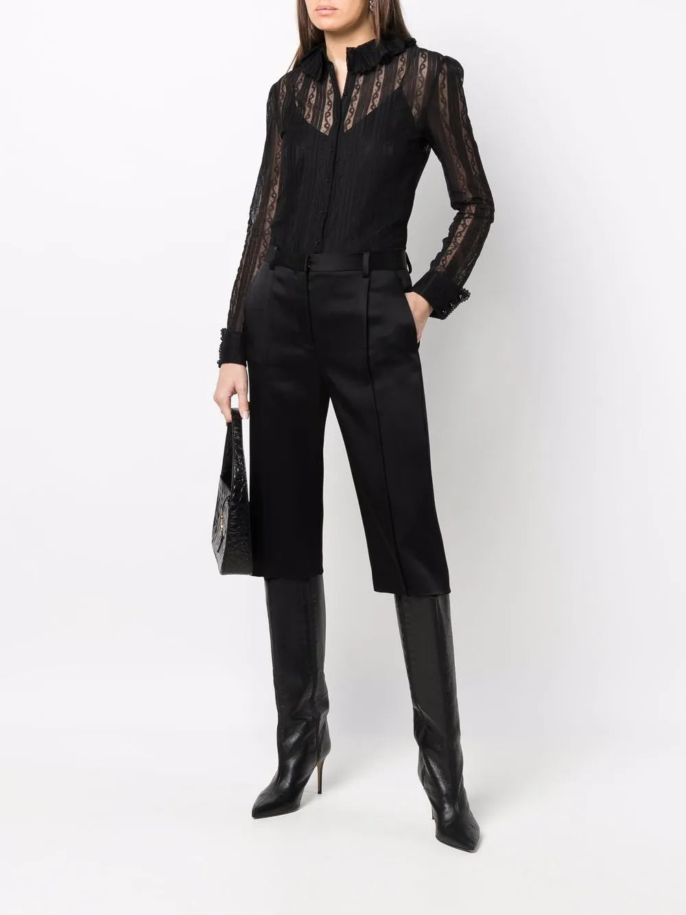 Frilled-Neck Lace Shirt